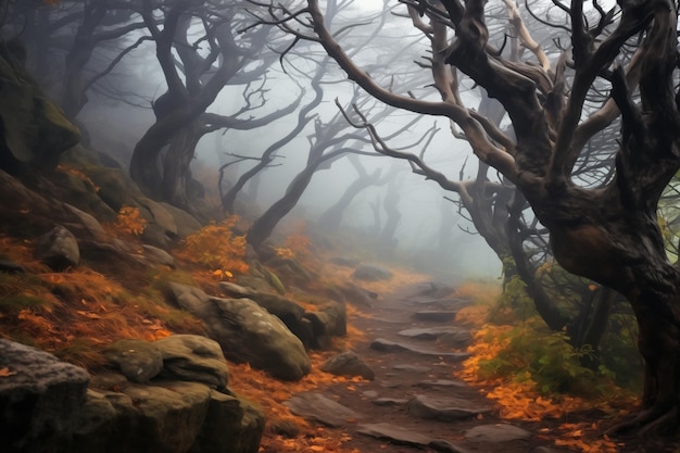 Mysterious Dark Old Forest Trail Unveiled in Autumn Fog Inviting Adventure into Nature's Ephemeral B