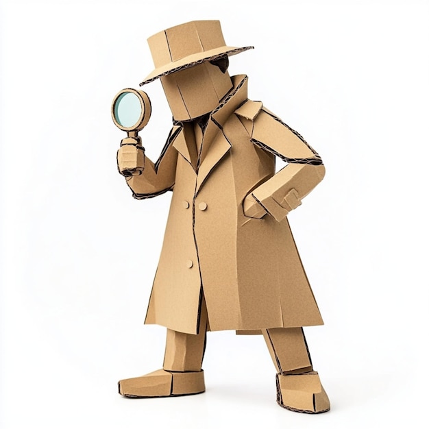 A mysterious detective figure in a beige coat and hat holding a magnifying glass