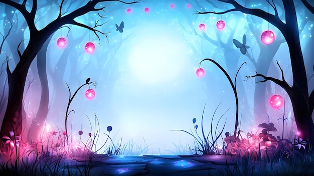 Photo mysterious digital painting of a fantasy forest with glowing plants and a foggy atmosphere