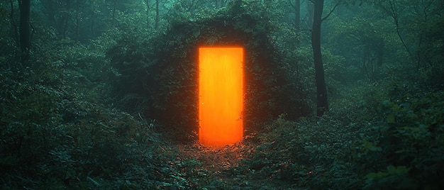 A mysterious door appearing in the middle of a dense forest pulsing with an eerie glow beckoning with both excitement and fear