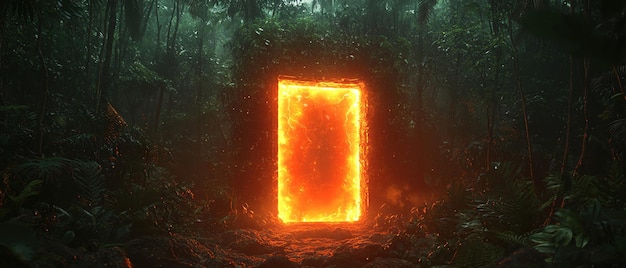 A mysterious door appearing in the middle of a dense forest pulsing with an eerie glow beckoning with both excitement and fear