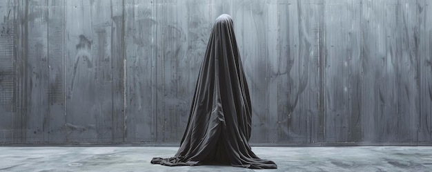 A mysterious and eerie ghostly figure standing in an empty room draped with a grey fabric cloth that adds to the sense of mystery and intrigue