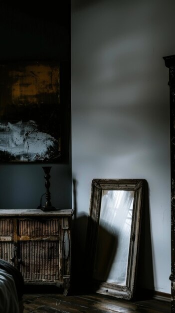 Photo mysterious and eerie haunted room with mirror and chandelier