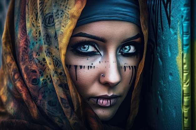 Mysterious and fascinating portrait of a woman with a veil and bold eye makeup in an urban graffiti