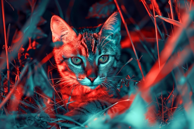 Mysterious Feline Eyes Peering Through Vibrant Red and Cyan Toned Grass Hypnotic Nature Wildlife