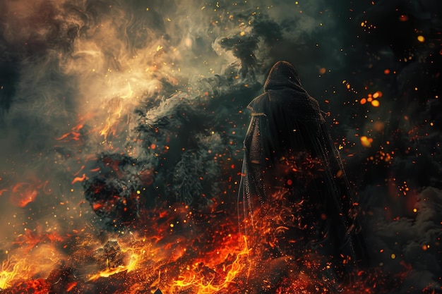 Mysterious figure amidst fire and smoke