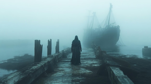 Mysterious figure approaching a ghostly ship in fog