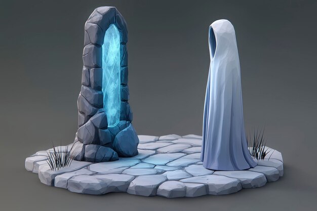 Mysterious Figure Approaching a Stone Portal with Glowing Blue Light