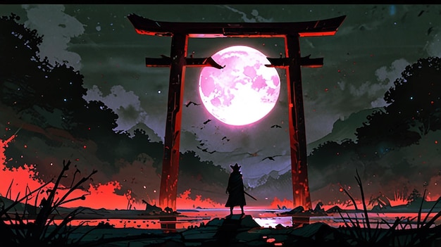 Mysterious figure in black standing in front of gate under red moon