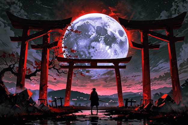 Mysterious figure in black standing in front of gate under red moon