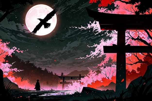 Mysterious figure in black standing in front of gate under red moon