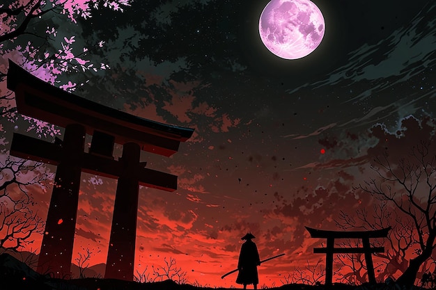 Mysterious figure in black standing in front of gate under red moon