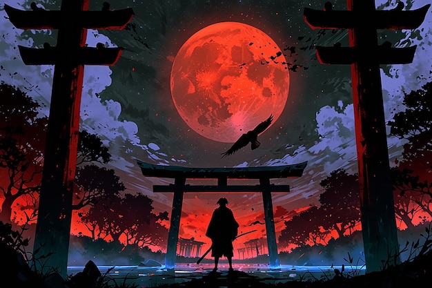 Mysterious figure in black standing in front of gate under red moon