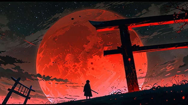 Mysterious figure in black standing in front of gate under red moon