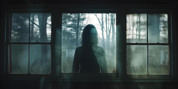 Photo mysterious figure by window creates suspense in cinematic thriller scene concept suspenseful photography cinematic thriller mysterious figure window dramatic lighting