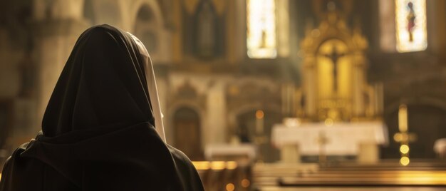 Mysterious figure in a cloak at church creating a sense of reverence