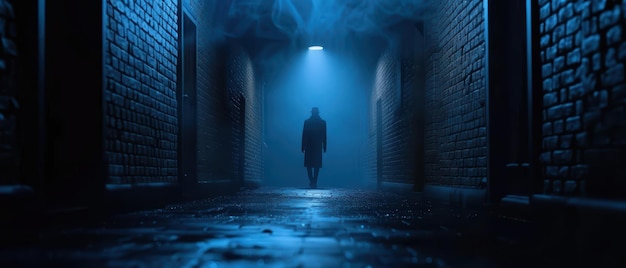 Photo mysterious figure in dark alleyway with blue light and fog creating eerie atmosphere