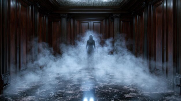 Photo mysterious figure in dark hallway