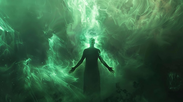 Photo a mysterious figure enveloped in swirling dark green energy exuding an aura of mystical power