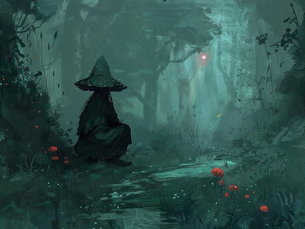 a mysterious figure in a forest with a hat on it