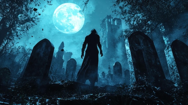 Mysterious Figure in Graveyard under Full Moon