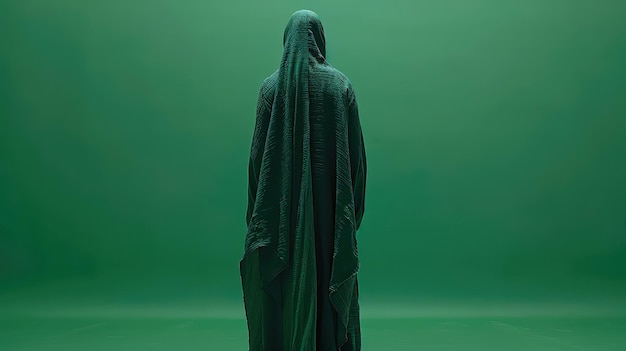 Mysterious Figure in Green Robe Against Green Background