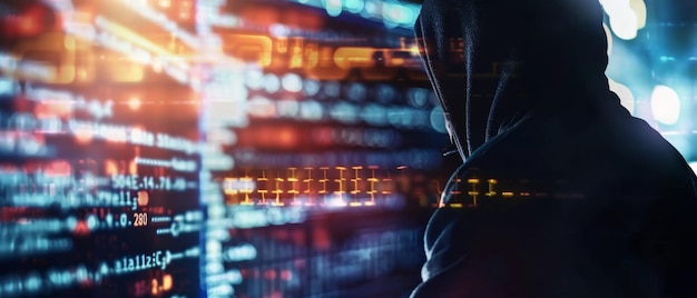 Mysterious figure in hood analyzing data evoking themes of cybersecurity and espionage