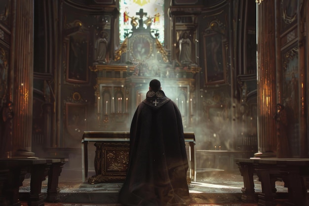 Mysterious figure praying in ornate church