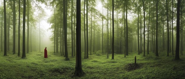 A Mysterious Figure in a Red Cloak Stands Among Tall Green Trees at Dawn