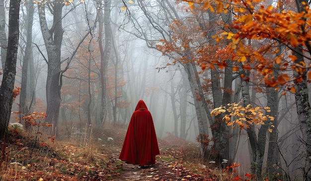 Mysterious figure in red cloak wandering through foggy autumn forest