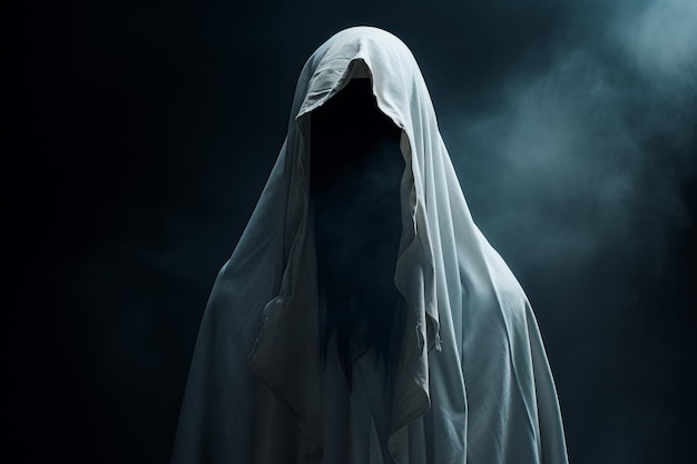 Mysterious figure shrouded in a white cloak against a dark background