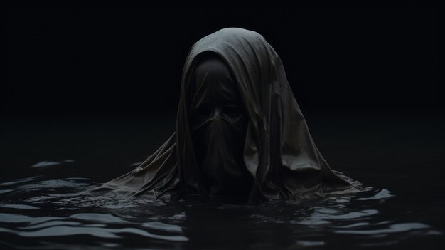 Mysterious Figure Submerged in Dark Water A shadowy figure shrouded in a dark cloak emerges