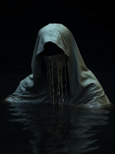 Photo mysterious figure submerged in water a shrouded figure with a dripping face is submerged in d