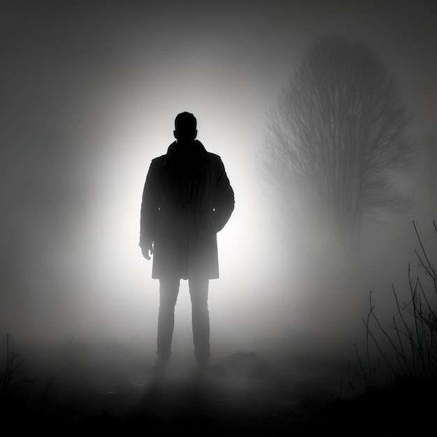 A mysterious figure walking On a moody foggy winter night generative ai