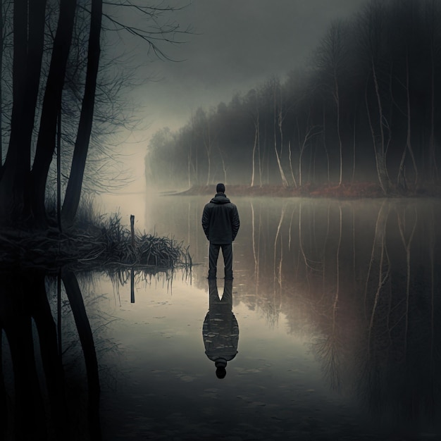 A mysterious figure walking On a moody foggy winter night generative ai