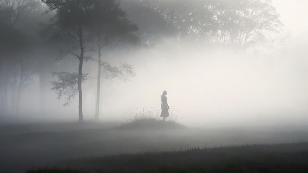 Mysterious figure wandering in foggy forest