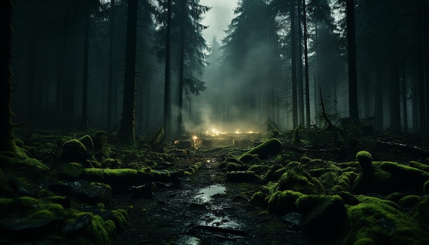 Mysterious fog blankets tranquil forest revealing nature spooky beauty generated by artificial intelligence