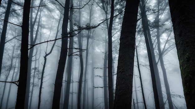 Mysterious fog enveloped forest with towering trees