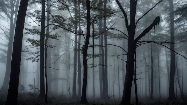 Mysterious fog enveloped forest with towering trees