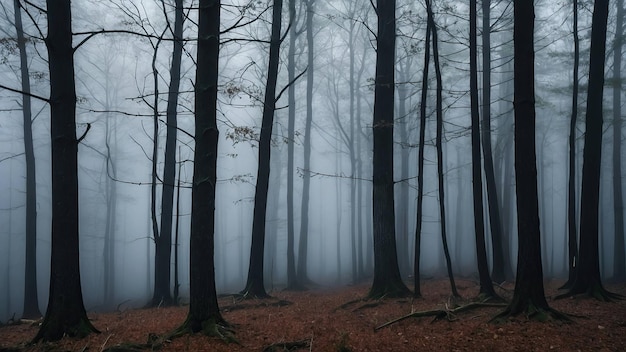 Mysterious fog enveloped forest with towering trees