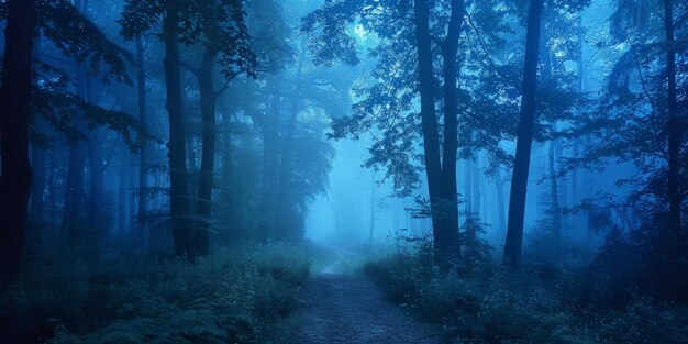 Mysterious Foggy Forest Path at Twilight