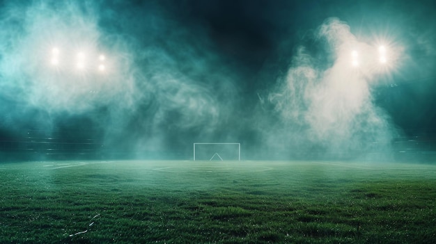 Mysterious foggy soccer field at night generative ai