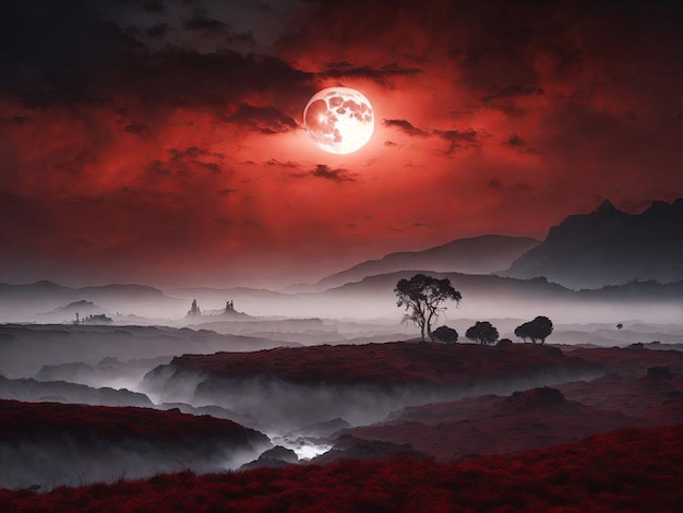 A mysterious fogshrouded landscape illuminated by a deep red blood moon