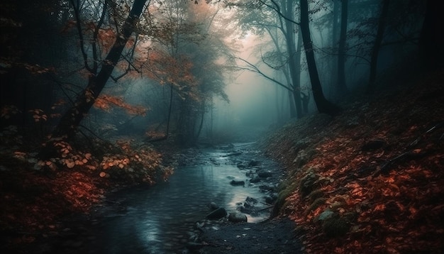 Mysterious forest in autumn spooky and dark wet with fog generated by artificial intelligence