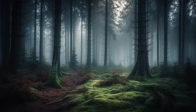 Mysterious forest dark and spooky with fog generated by AI