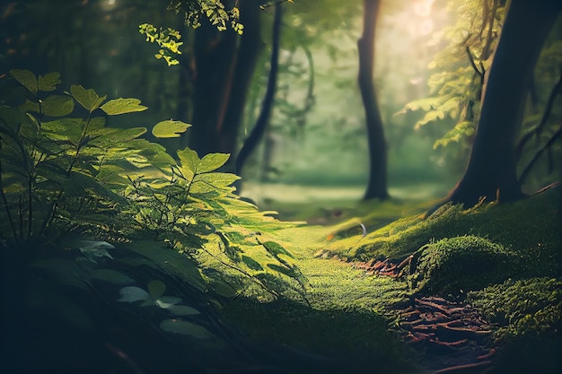 Mysterious forest in the morning light generative ai