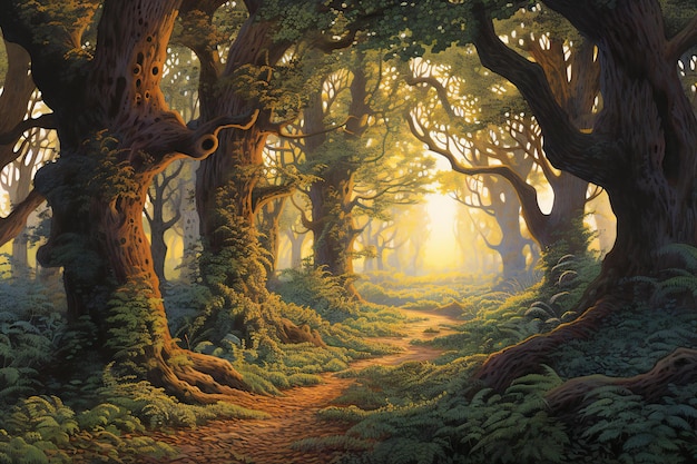 Mysterious forest in the morning light