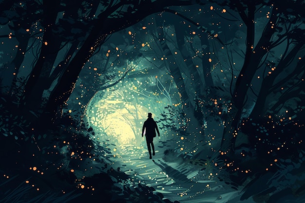 Photo mysterious forest path illuminated by firefly lights