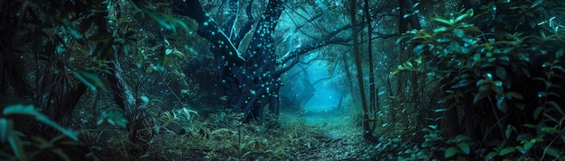 Mysterious forest pathway bathed in eerie blue light surrounded by dense foliage creating a surreal dreamlike atmosphere