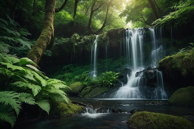 Photo a mysterious forest waterfall surrounded by green fol